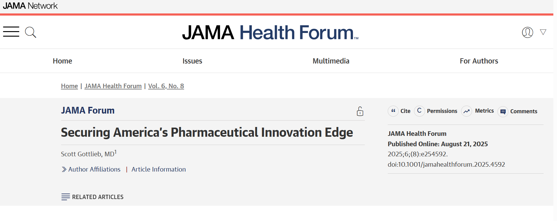 JAMA Article, “Securing America’s Pharmaceutical Innovation Edge ...